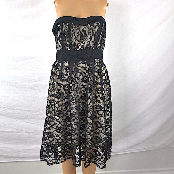 Angie Strapless Nude Illusion Floral Lace Overlay Dress Empire High Waist Black - Picture 1 of 10